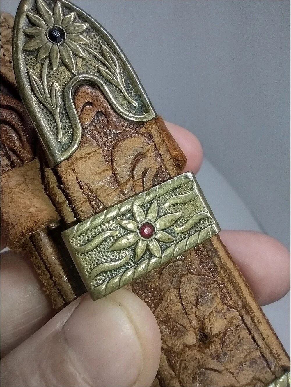 Vintage 80s Justin Western Ranger Belt Tooled Leather Brass Floral Red Stones 30